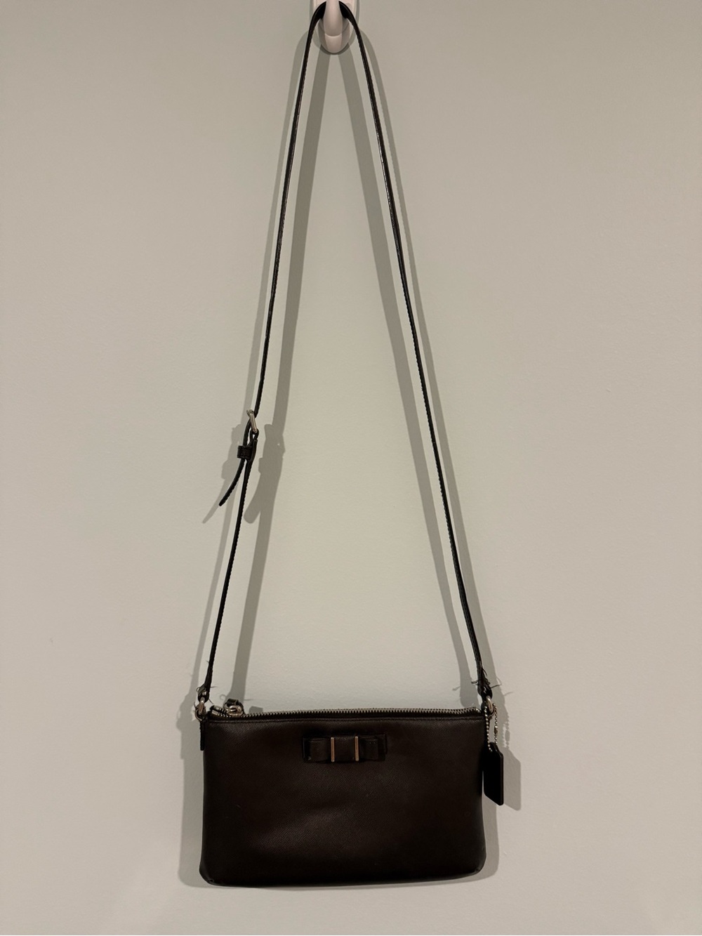 Classic Coach Black Leather Crossbody Bag with Bow Accent